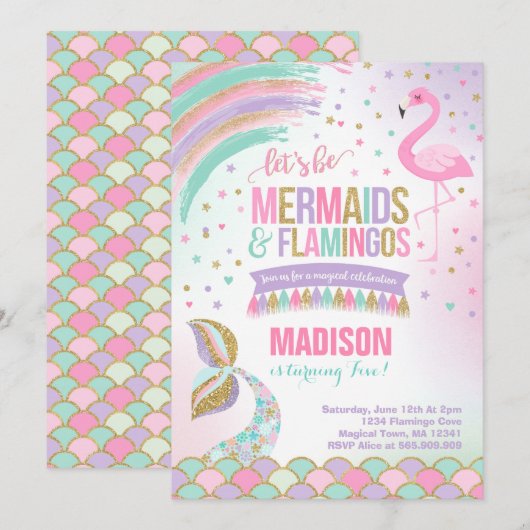 Mermaid & Flamingo Birthday Invitation Magic Party Kaart (Voorkant / Achterkant)
