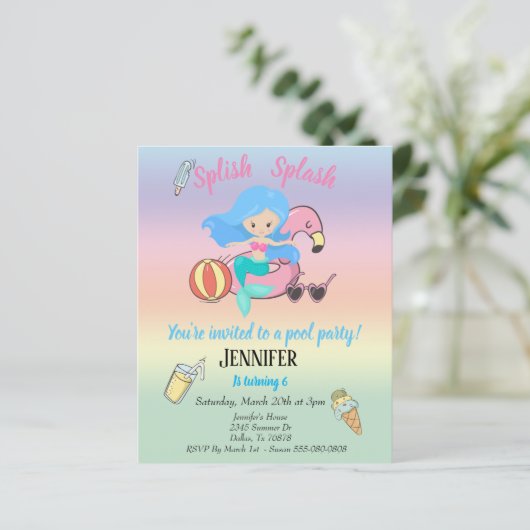 Mermaid Flamingo Float Pool Party Birthday Invitat (Staand voorkant)