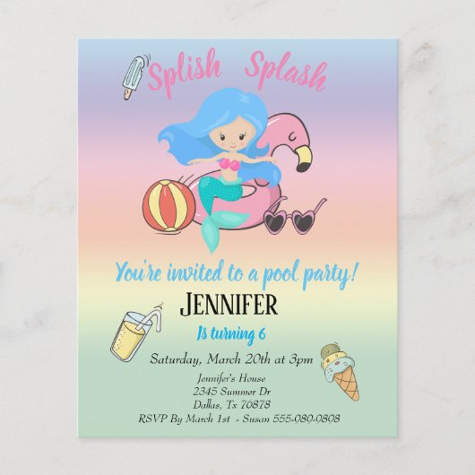 Mermaid Flamingo Float Pool Party Birthday Invitat (Voorkant)