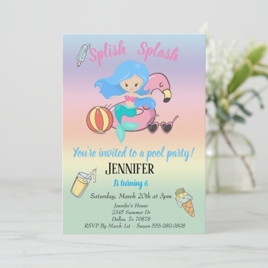 Mermaid Flamingo Float Pool Party Birthday Kaart (Staand voorkant)