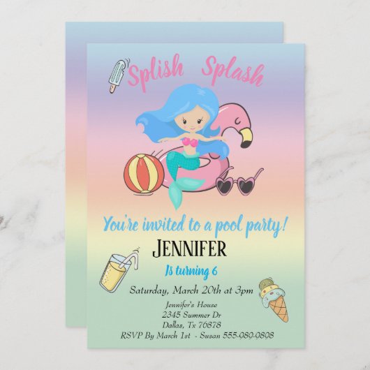 Mermaid Flamingo Float Pool Party Birthday Kaart (Voorkant / Achterkant)