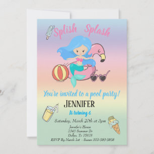 Mermaid Flamingo Float Pool Party Birthday Kaart