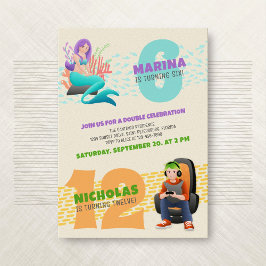 Mermaid Gamer Joint Double Birthday Invitation Kaart