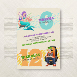 Mermaid Gamer Joint Double Birthday Invitation Kaart