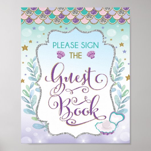 Mermaid gastboek teken verjaardag bruidsfeest poster (Voorkant)