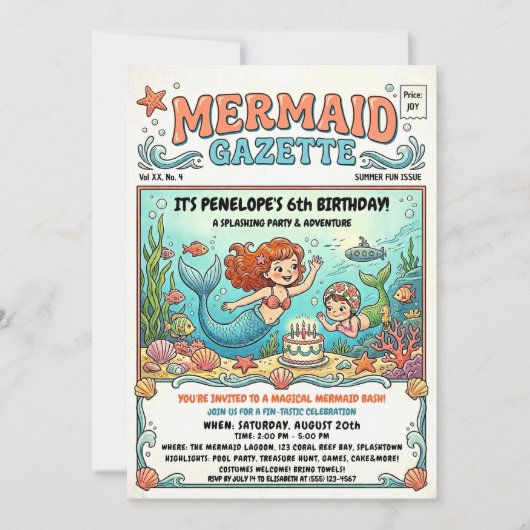 Mermaid Gazette Zwembadfeest Uitnodiging (Voorkant)