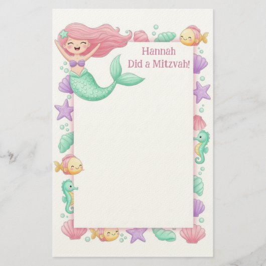 Mermaid gepersonaliseerde mitswa noot briefpapier (Voorkant)