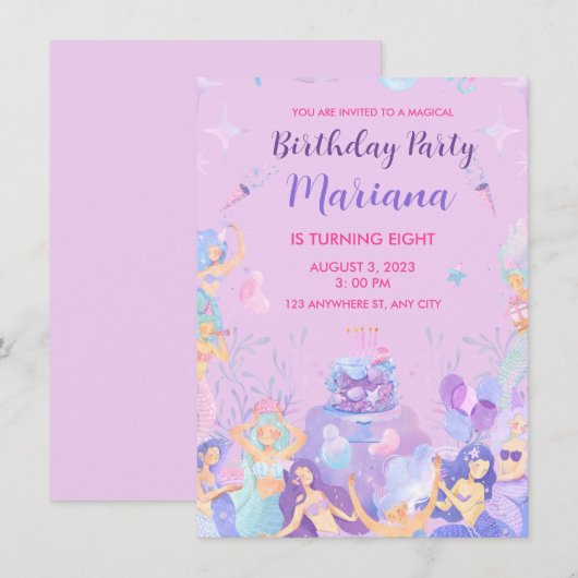 Mermaid Girl Birthday Party Invitation Kaart (Voorkant / Achterkant)