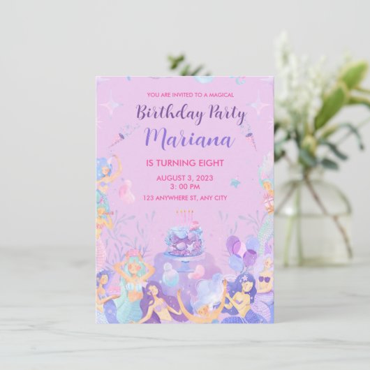 Mermaid Girl Birthday Party Invitation Kaart (Staand voorkant)