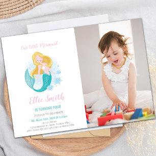 Mermaid Girl Birthday-uitnodigingen met foto Kaart
