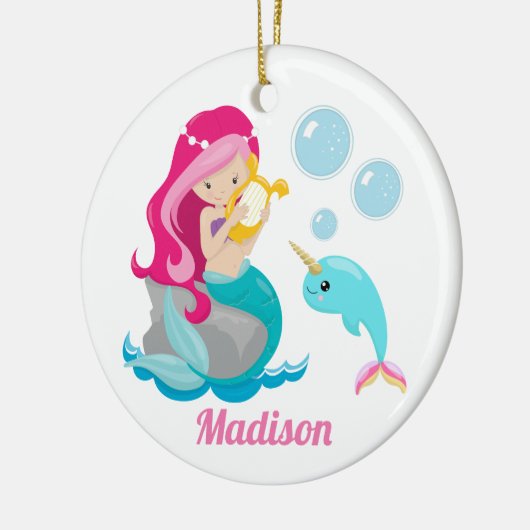 Mermaid Girl Cute Beach Narwhal Monogram Kinder Keramisch Ornament (Links)