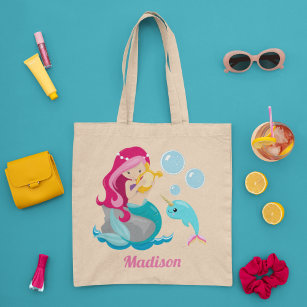 Mermaid Girl Cute Beach Narwhal Monogram Kinder Tote Bag