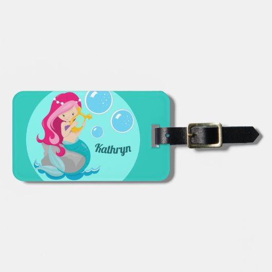 Mermaid Girl Cute Custom Blauwgroen Monogram Kinde Bagagelabel (Voorkant horizontaal)