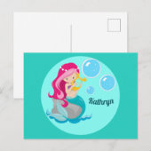 Mermaid Girl Cute Custom Blauwgroen Monogram Kinde Briefkaart (Voorkant / Achterkant)