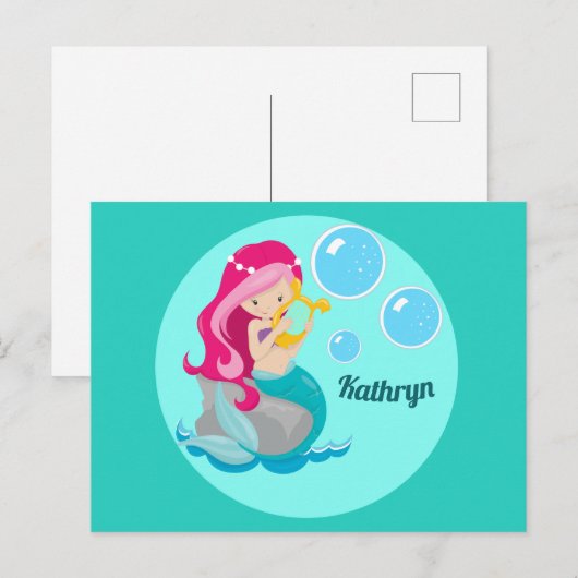 Mermaid Girl Cute Custom Blauwgroen Monogram Kinde Briefkaart (Voorkant / Achterkant)