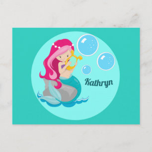 Mermaid Girl Cute Custom Blauwgroen Monogram Kinde Briefkaart