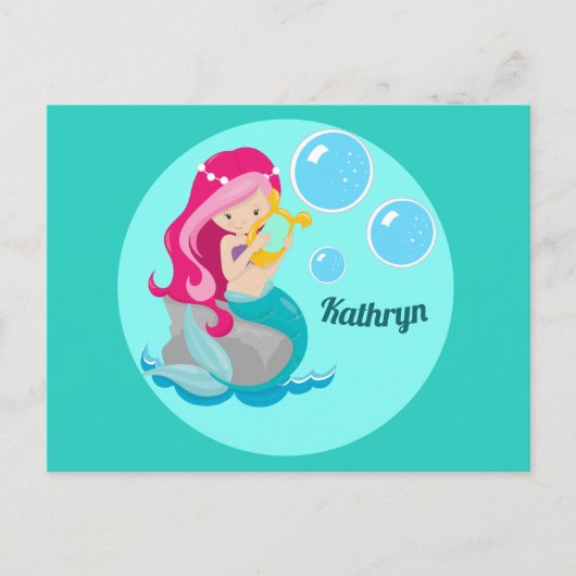 Mermaid Girl Cute Custom Blauwgroen Monogram Kinde Briefkaart (Voorkant)