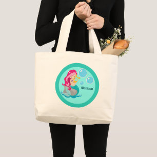Mermaid Girl Cute Custom Blauwgroen Monogram Kinde Grote Tote Bag
