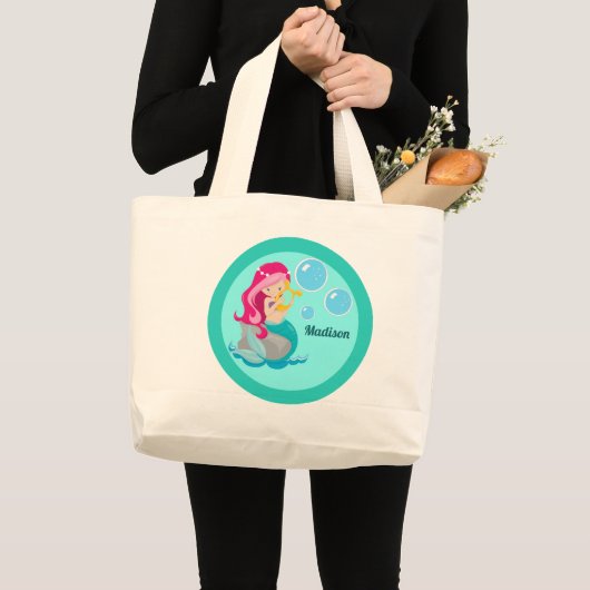 Mermaid Girl Cute Custom Blauwgroen Monogram Kinde Grote Tote Bag (Voorkant (product))