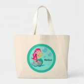 Mermaid Girl Cute Custom Blauwgroen Monogram Kinde Grote Tote Bag (Voorkant)