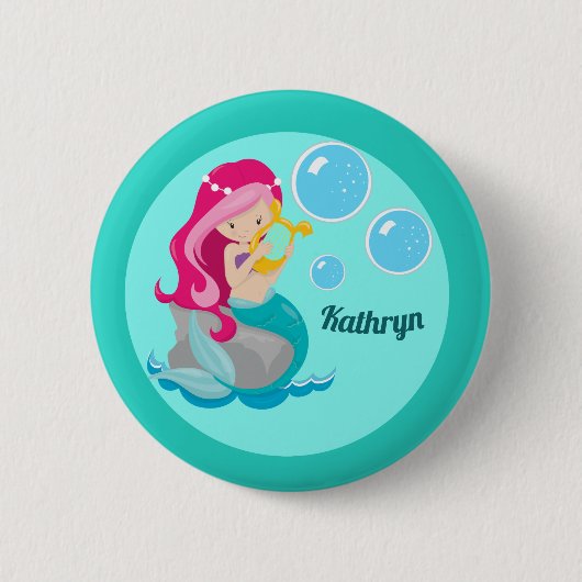 Mermaid Girl Cute Custom Blauwgroen Monogram Kinde Ronde Button 5,7 Cm (Voorkant)