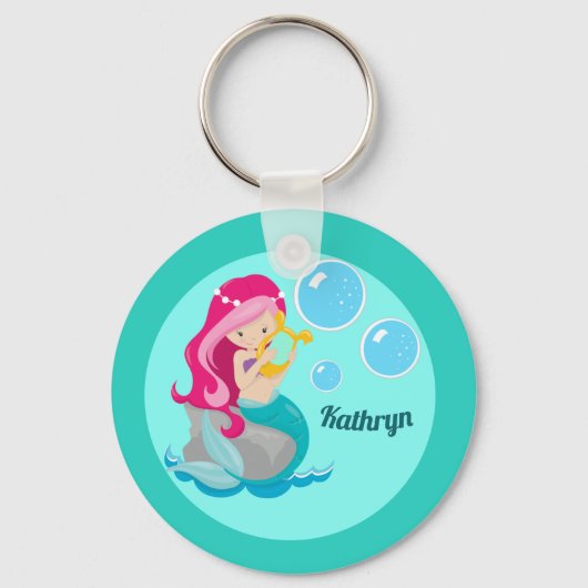 Mermaid Girl Cute Custom Blauwgroen Monogram Kinde Sleutelhanger (Voorkant)