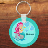 Mermaid Girl Cute Custom Blauwgroen Monogram Kinde Sleutelhanger (Voorkant)