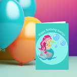 Mermaid Girl Cute Custom Childrens Birthday Kaart<br><div class="desc">A cute personalized beach girl birthday card for a little girl with a pretty pink haired mermaid with a teal tail holding a beautiful harp next to blue bubbles. Customize with your child's name and happy birthday.</div>