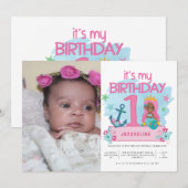 Mermaid Girls 1e verjaardag Fotouitnodiging Kaart (Voorkant / Achterkant)