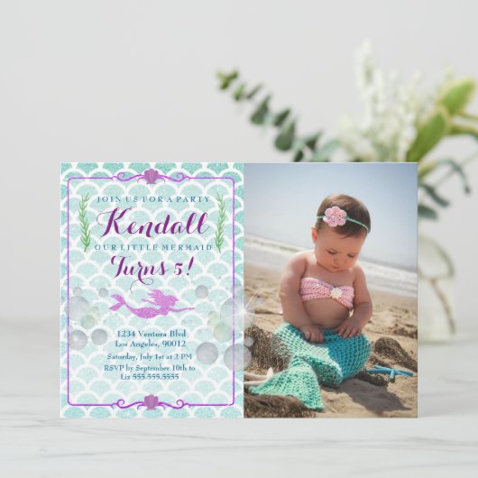 Mermaid Girl's Birthday Party Fotouitnodiging Kaart (Staand voorkant)