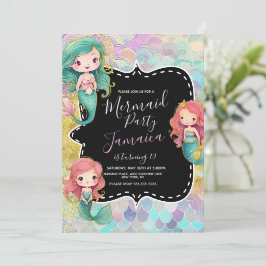 Mermaid Girls Birthday Party Paarse Glitter Kaart (Staand voorkant)