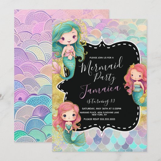 Mermaid Girls Birthday Party Paarse Glitter Kaart (Voorkant / Achterkant)