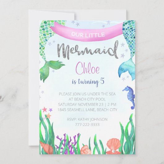 Mermaid Glitter Birthday Party Invitation Kaart (Voorkant)