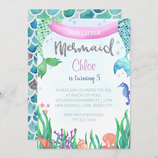 Mermaid Glitter Birthday Party Invitation Kaart (Voorkant / Achterkant)