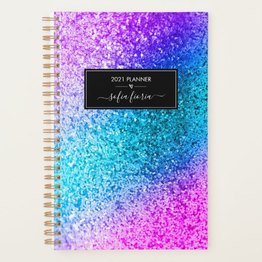 Mermaid Glitter Elegant Script Naam 2021 Planner (Voorkant)