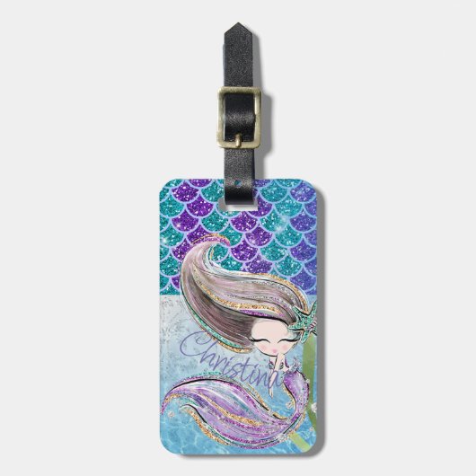 Mermaid Glitter Illustration with Tail Scales Bagagelabel (Voorkant verticaal)