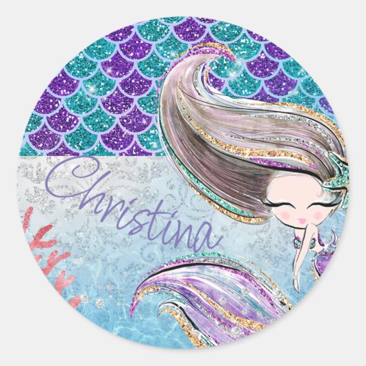 Mermaid Glitter Illustration with Tail Scales Ronde Sticker (Voorkant)