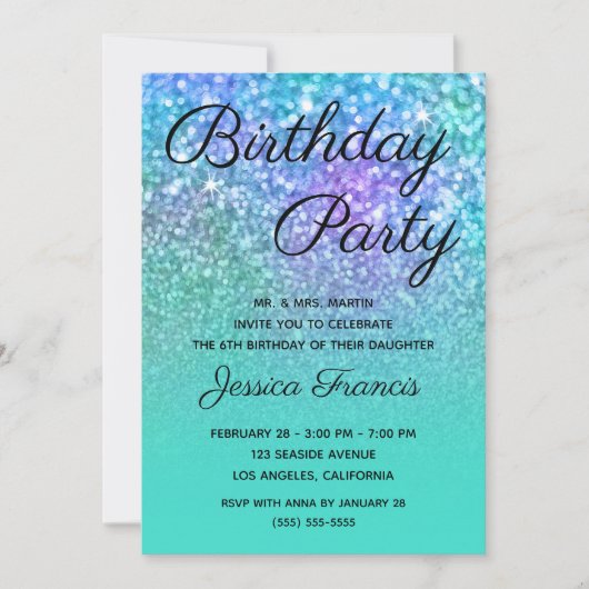 Mermaid Glitter Turquoise Blue Ombre Birthday Kaart (Voorkant)