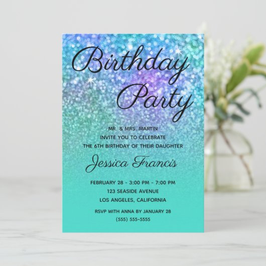 Mermaid Glitter Turquoise Blue Ombre Birthday Kaart (Staand voorkant)