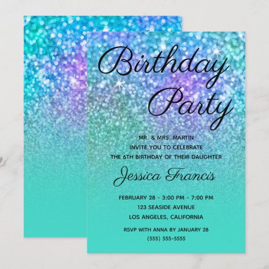 Mermaid Glitter Turquoise Blue Ombre Birthday Kaart (Voorkant / Achterkant)