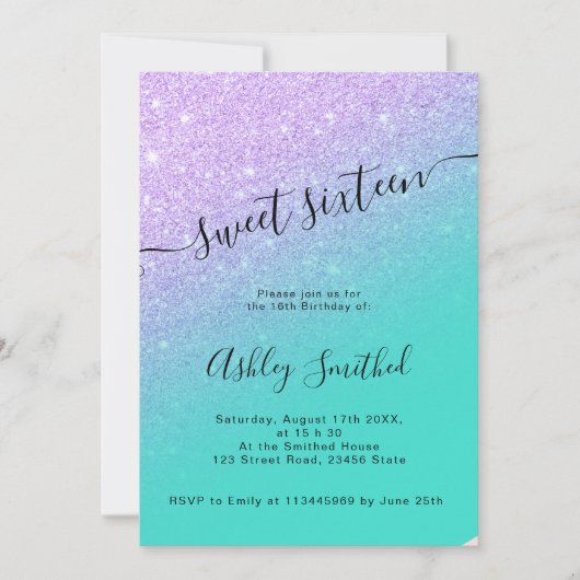 Mermaid glitter turquoise ombre chic zoete 16 kaart (Voorkant)