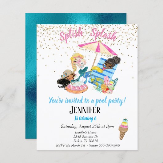 Mermaid Gold Confetti Pool Party Birthday Invitati (Voorkant / Achterkant)