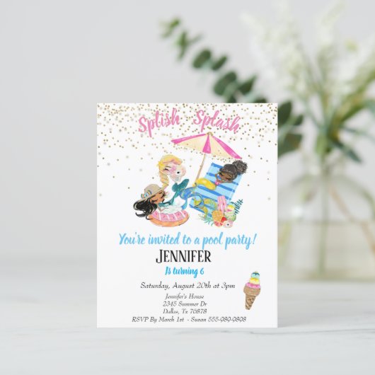 Mermaid Gold Confetti Pool Party Birthday Invitati (Staand voorkant)