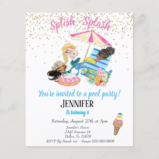 Mermaid Gold Confetti Pool Party Birthday Invitati (Voorkant)