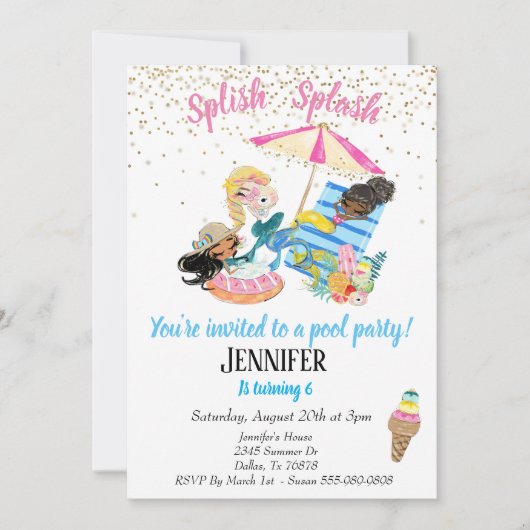 Mermaid Gold Confetti Pool Party Birthday Kaart (Voorkant)