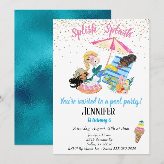 Mermaid Gold Confetti Pool Party Birthday Kaart (Voorkant / Achterkant)