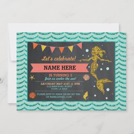 Mermaid Gold Coral Glitter Uitnodiging (Voorkant)