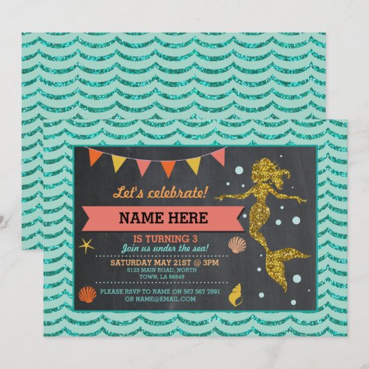 Mermaid Gold Coral Glitter Uitnodiging (Voorkant / Achterkant)