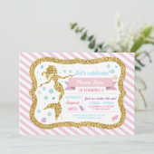 Mermaid Gold Glitter Pink Stripe Uitnodiging (Staand voorkant)