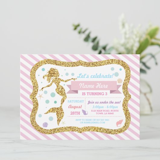 Mermaid Gold Glitter Pink Stripe Uitnodiging (Staand voorkant)